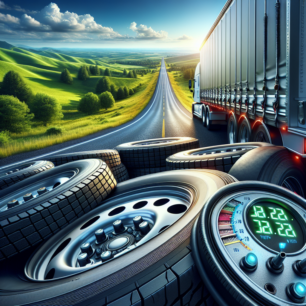 A close-up of a trailer's tires with tire monitoring sensors on a sunny highway.