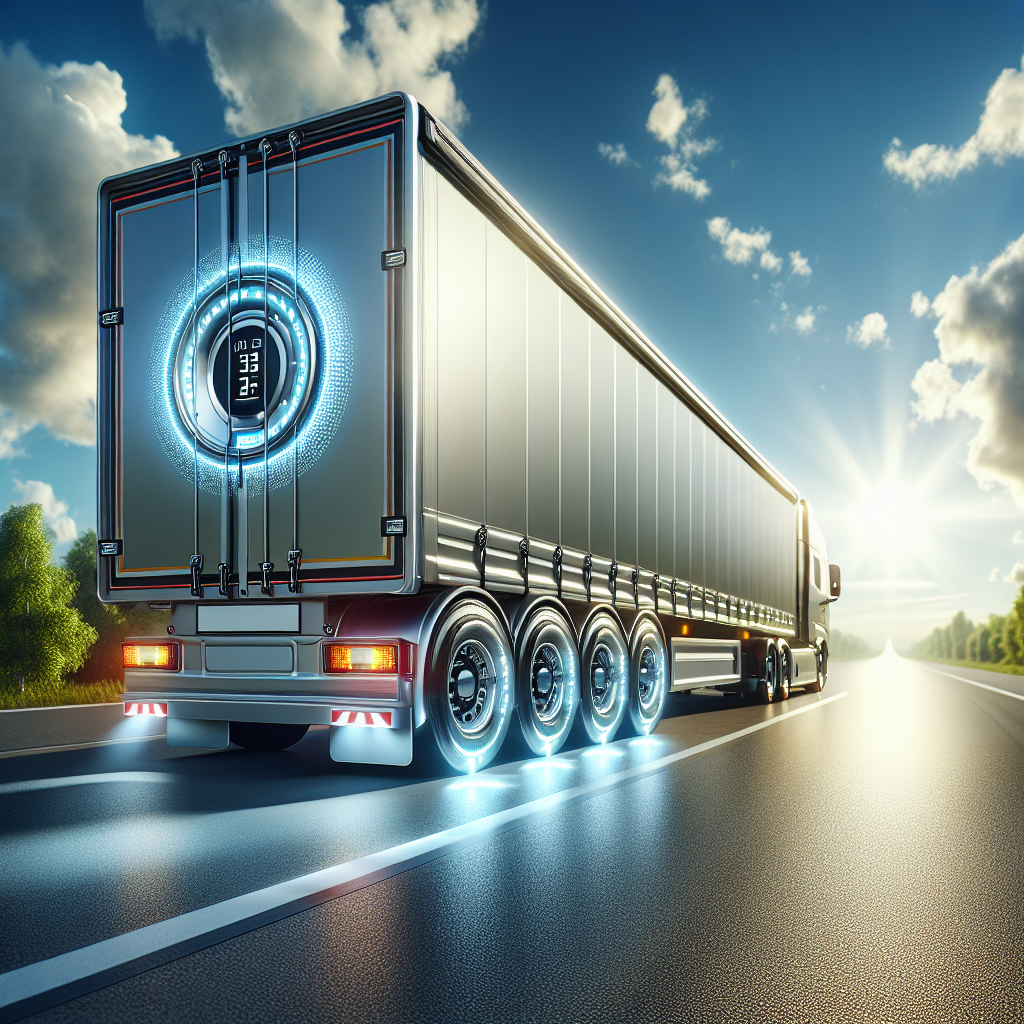 A modern trailer on a sunlit highway with well-maintained tyres and a visible tyre pressure monitoring system.