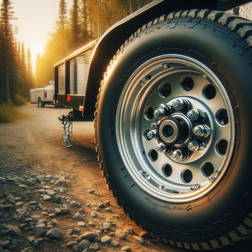 A utility trailer on a gravel road, focusing on its wheels and bearings.