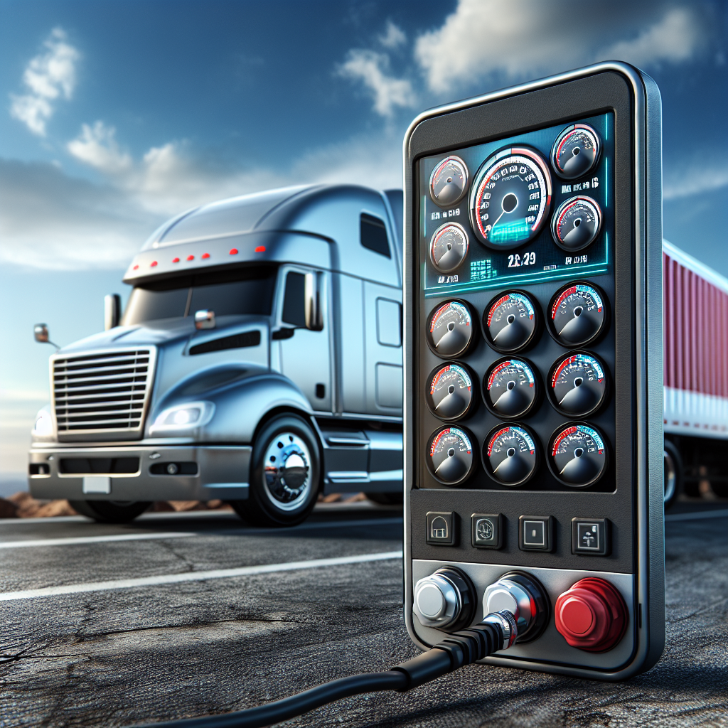 A realistic depiction of a tire pressure monitoring system display alongside a truck and trailer on a sunny day.