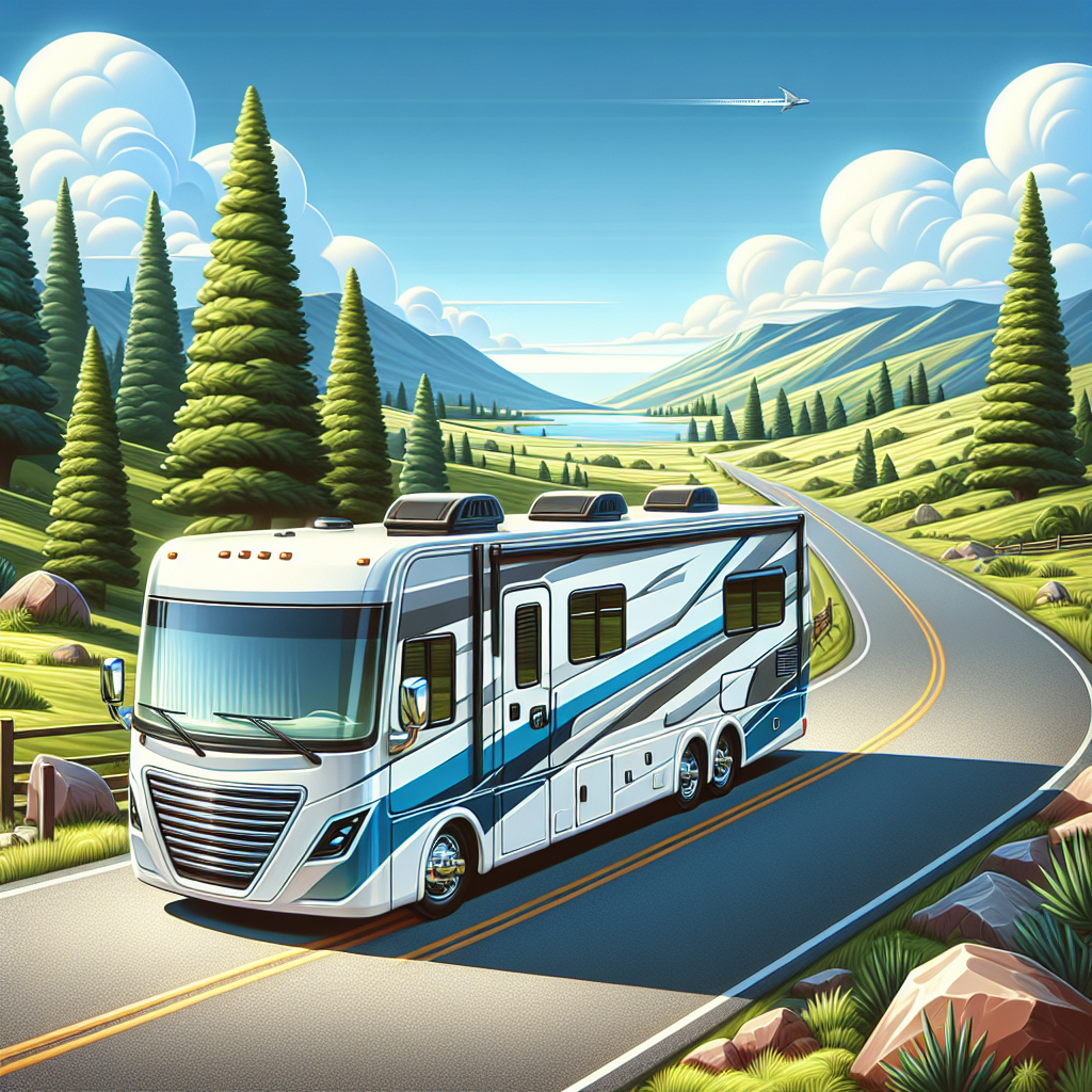 A modern RV parked on a scenic road surrounded by hills and trees.