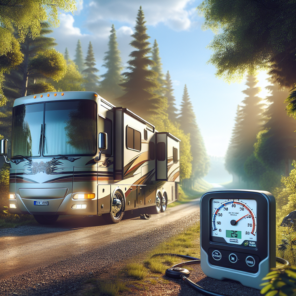 An RV parked on a country road with a tire monitoring display.