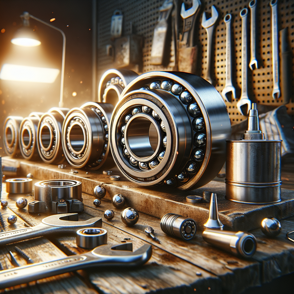 Close-up of shiny metallic trailer wheel bearings on a mechanic's workbench surrounded by tools.