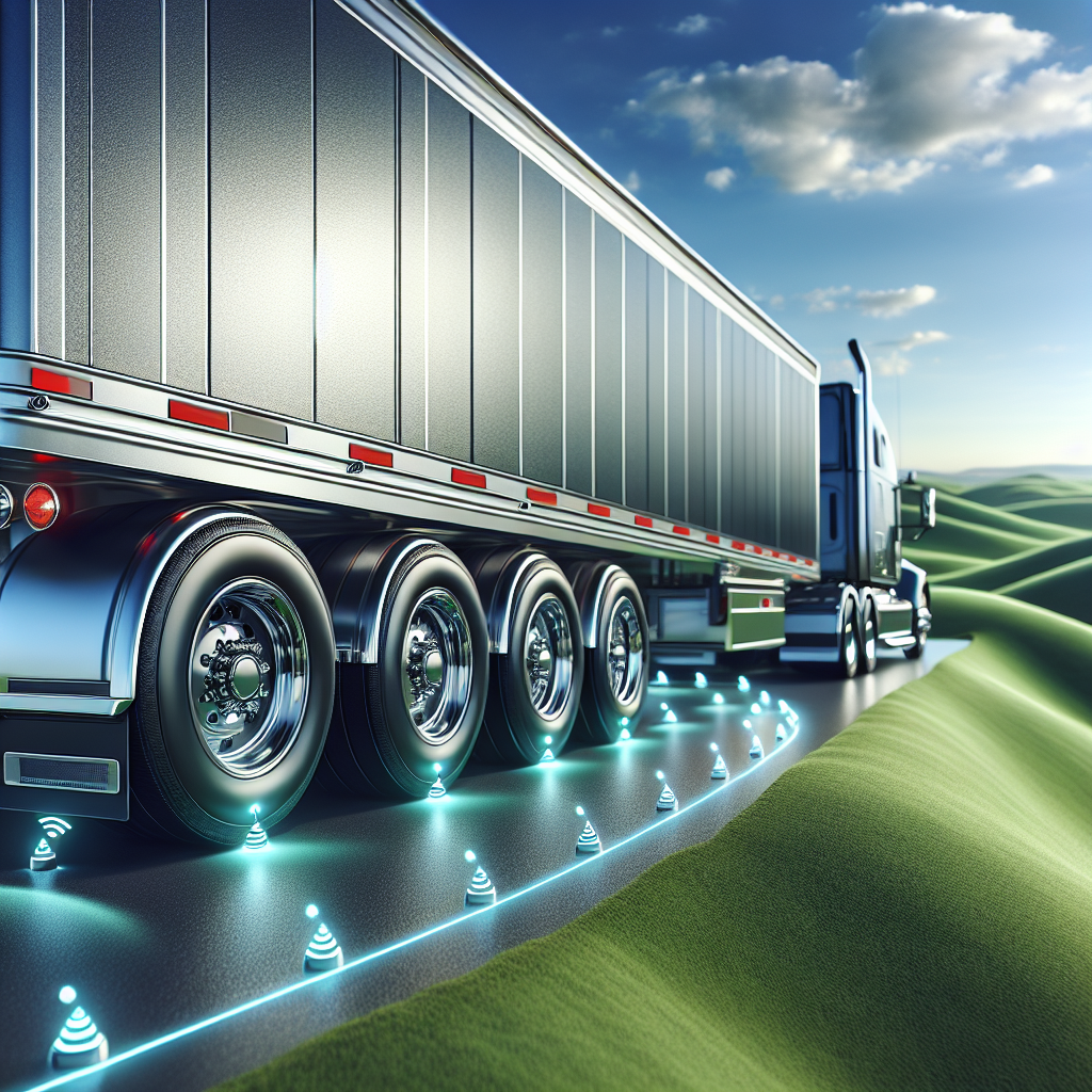 A trailer with a tire monitoring system in a scenic landscape.
