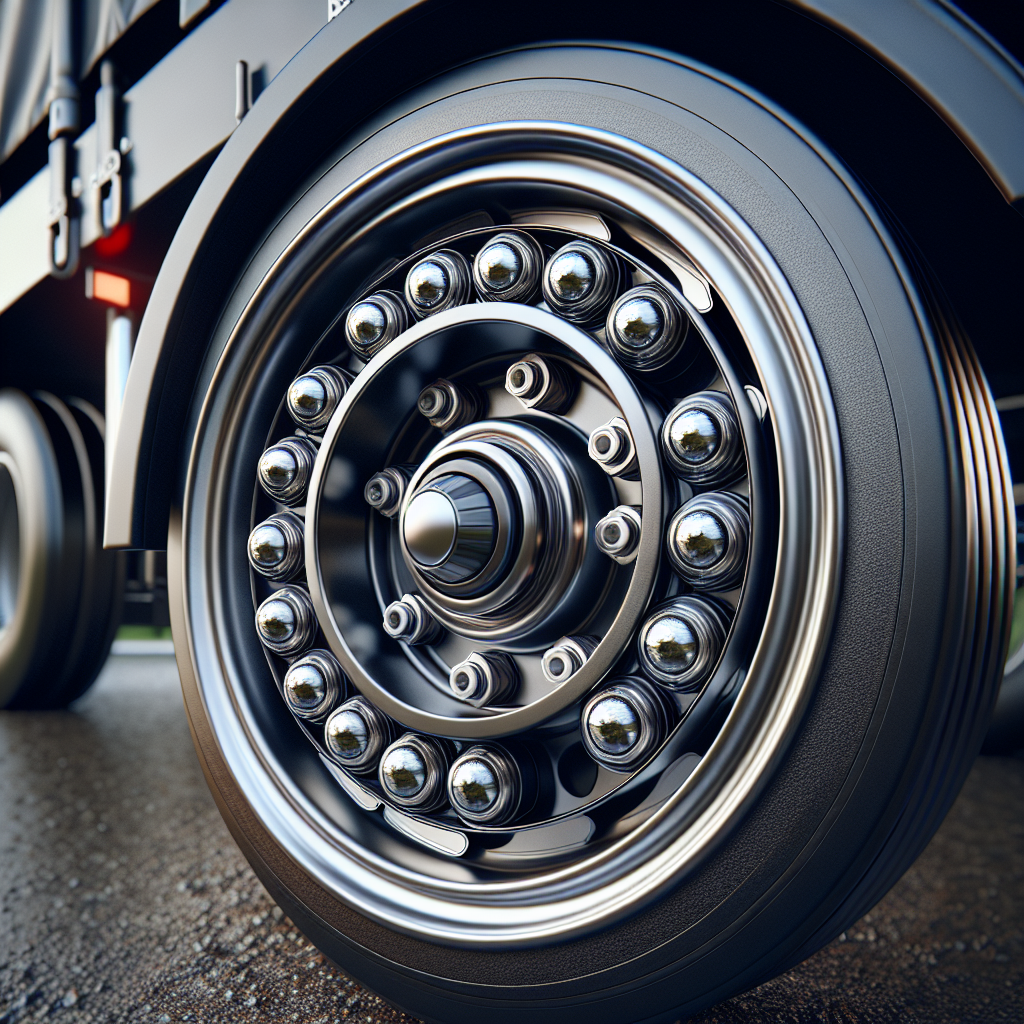 Close-up of a trailer wheel highlighting its bearings.