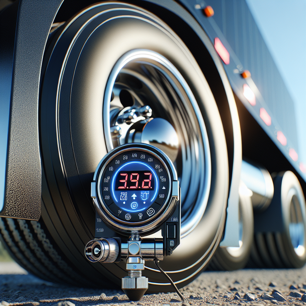 A trailer bearing temperature monitor on a trailer wheel.