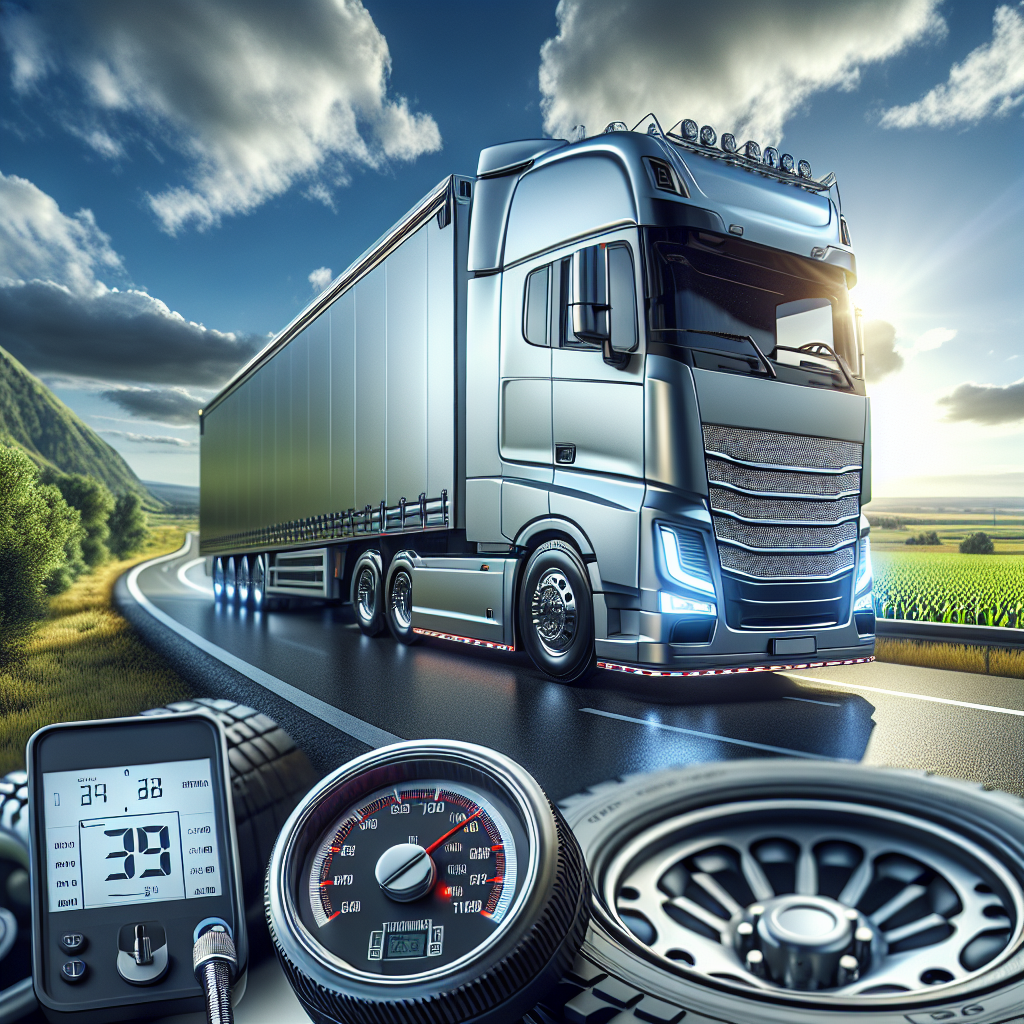 A heavy-duty truck and trailer on a highway with a visible tire pressure monitoring system.