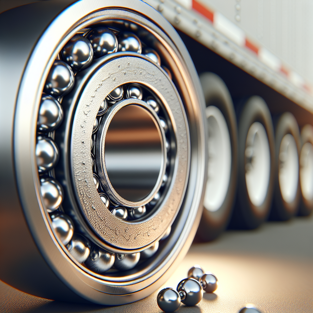 A close-up view of a trailer wheel bearing, focusing on its metallic texture and circular arrangement of steel balls.