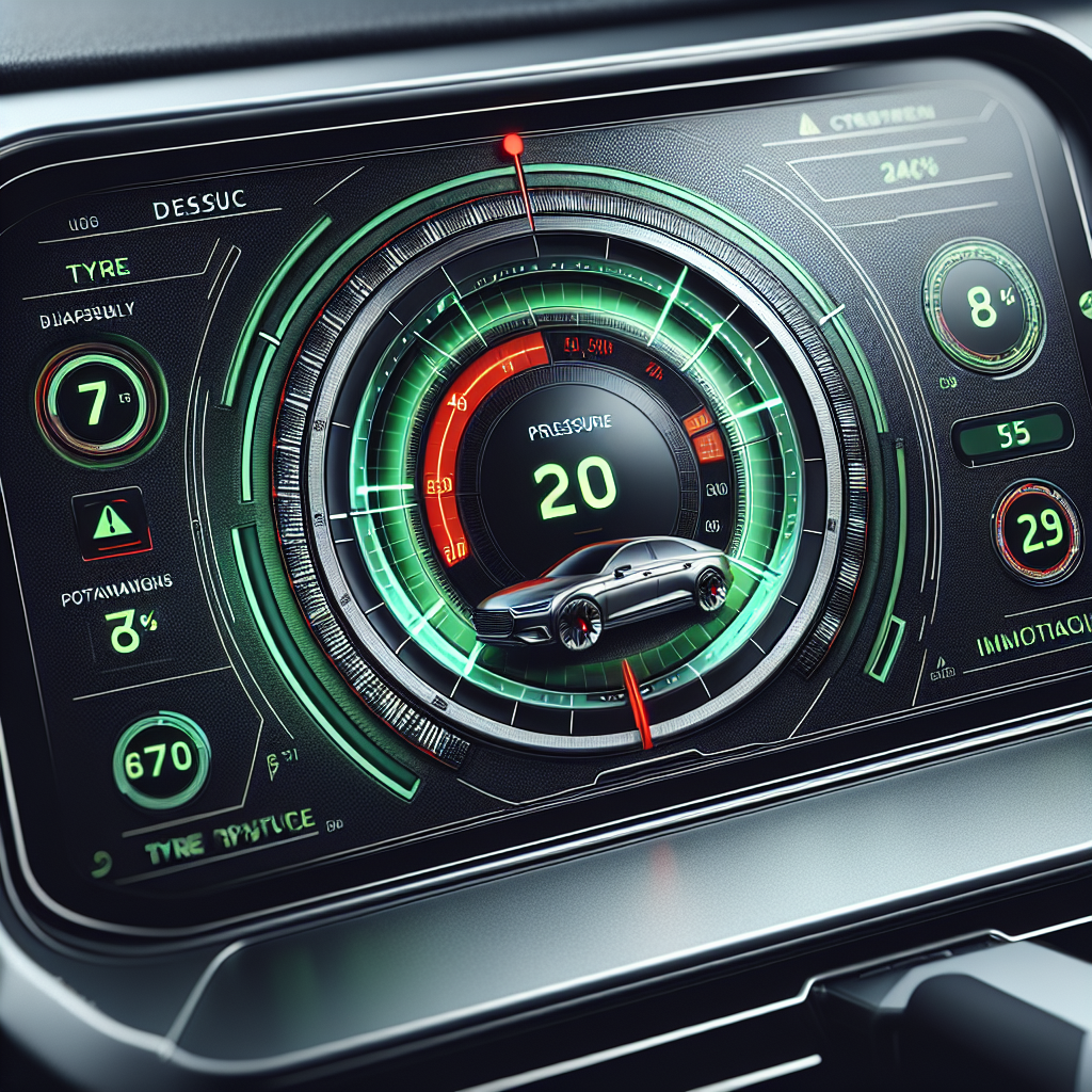 A modern vehicle dashboard with a tyre pressure monitoring system display.