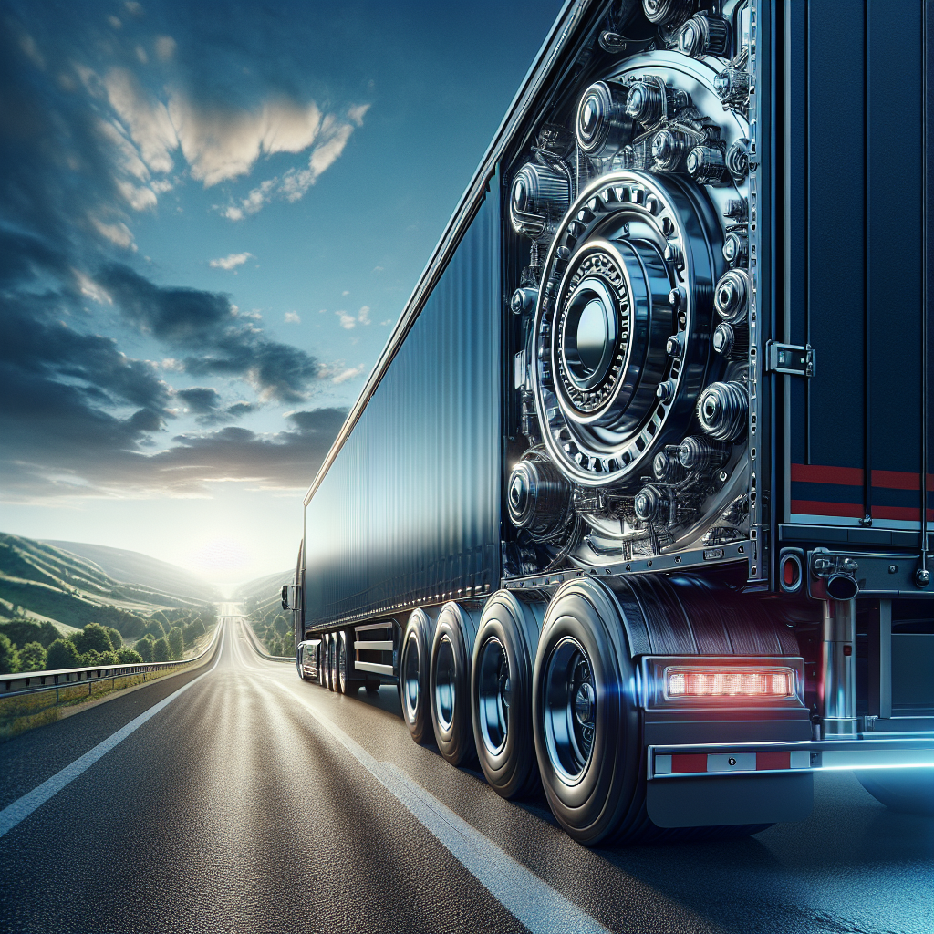 A close-up view of a trailer's wheel and bearing area on a highway, highlighting a temperature monitoring system.
