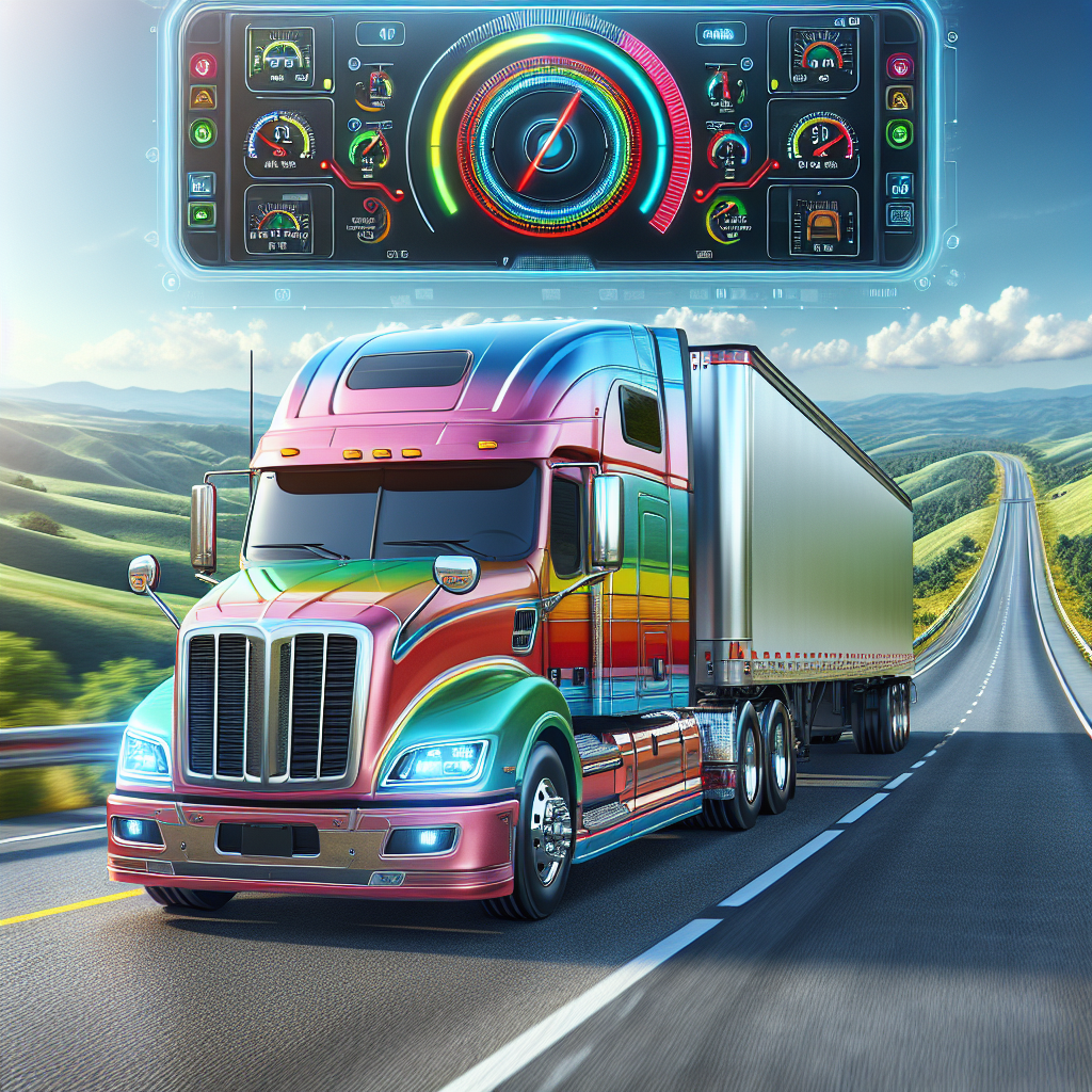 A heavy-duty truck and trailer on a highway, showcasing a tire pressure monitoring system on the dashboard.