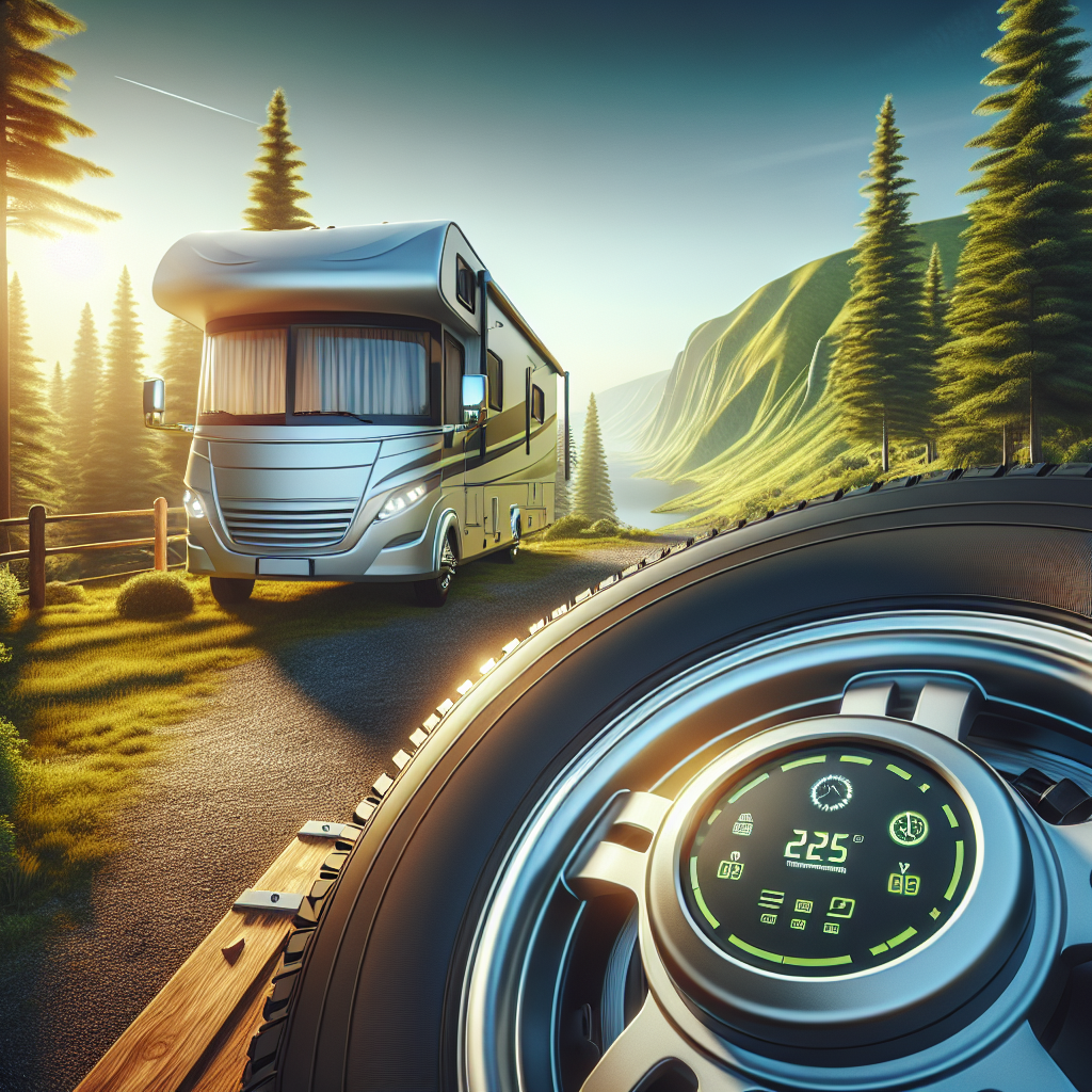 An RV parked at a scenic overlook with a focus on a tire and its monitoring system.