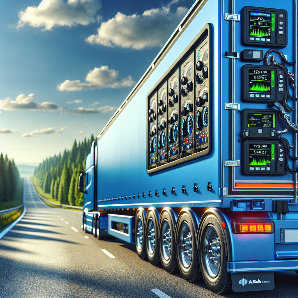 A close-up of a blue trailer with tire monitoring displays on a scenic highway.