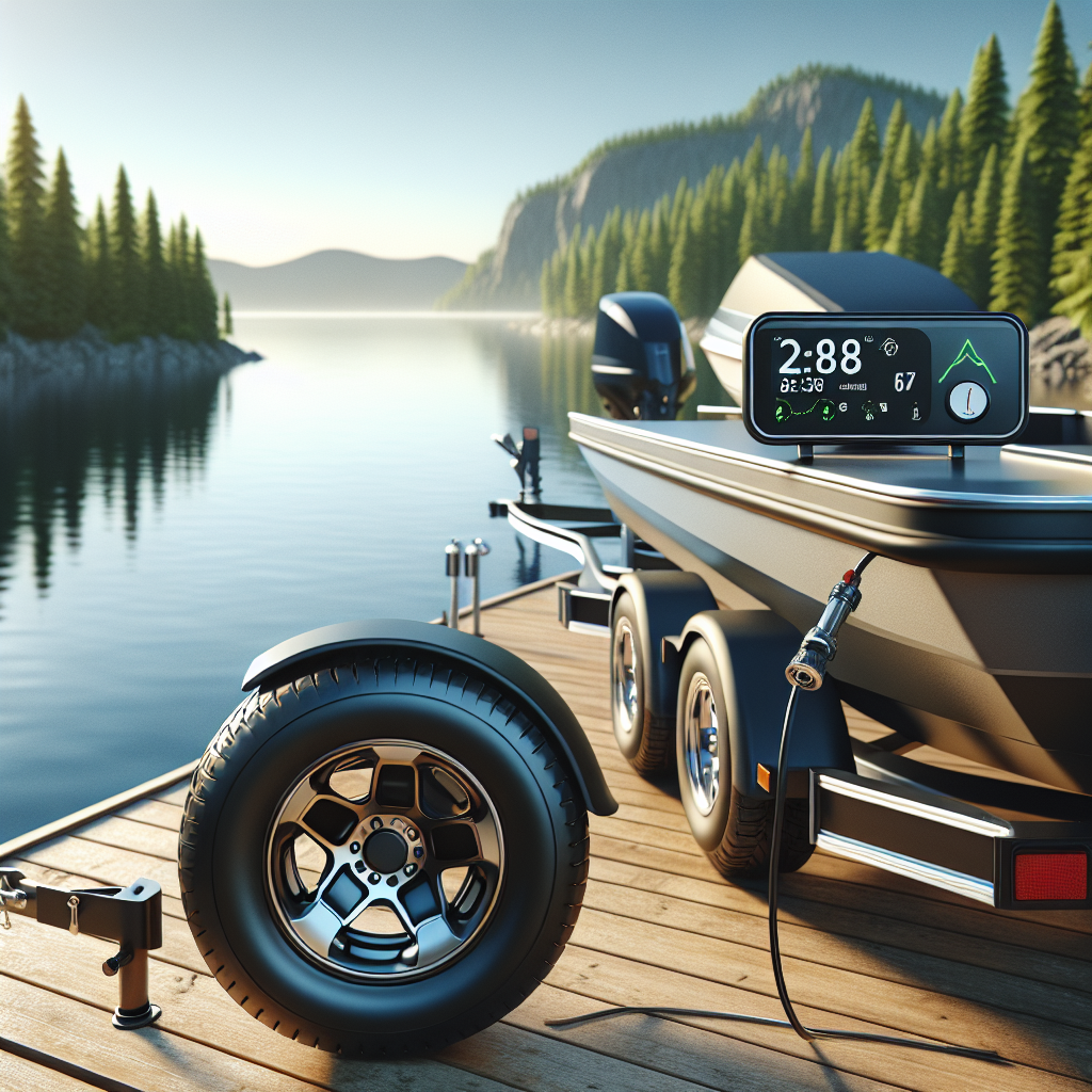 A boat trailer with a tire pressure monitoring system parked by a calm lake.