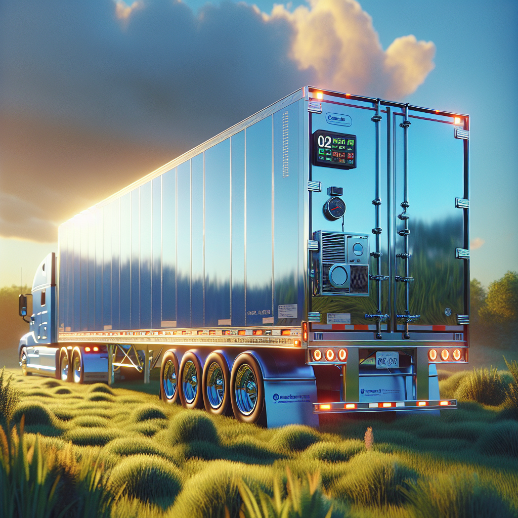 A transport trailer in a serene landscape with a visible digital temperature monitoring display.
