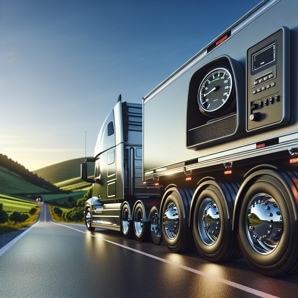 A modern trailer parked on a scenic road, highlighting its tires and tire pressure monitoring system.