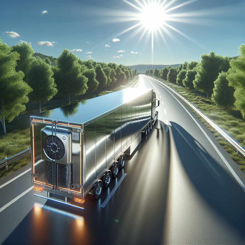 A modern trailer with temperature monitoring devices on a sunny road.