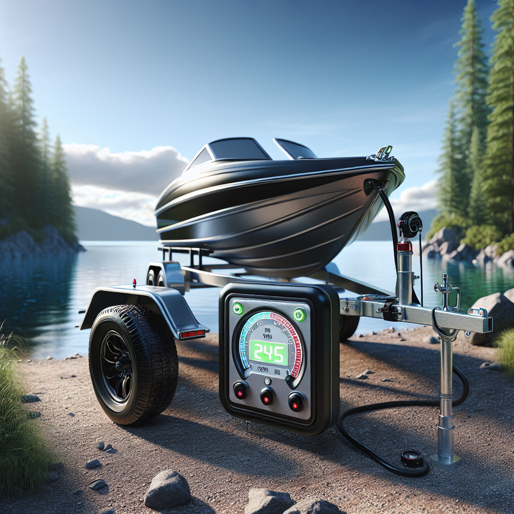 A boat trailer with a visible tire pressure monitoring system near a scenic lakeside.
