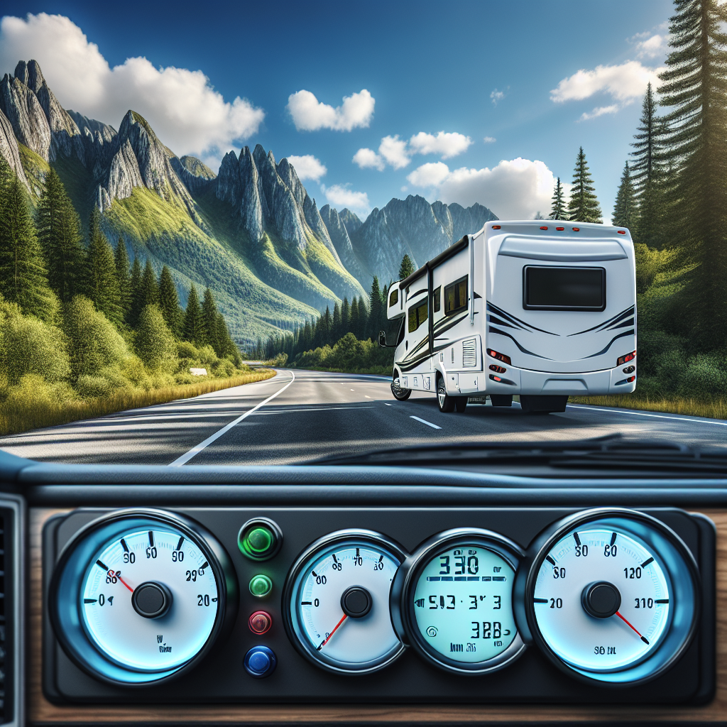A Tire Pressure Monitoring System displayed in a modern RV parked on a scenic highway.