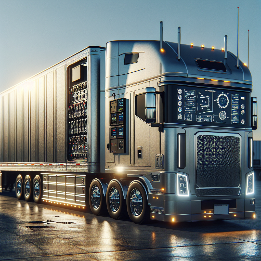 A trailer equipped with a temperature monitoring system in a trucking yard.