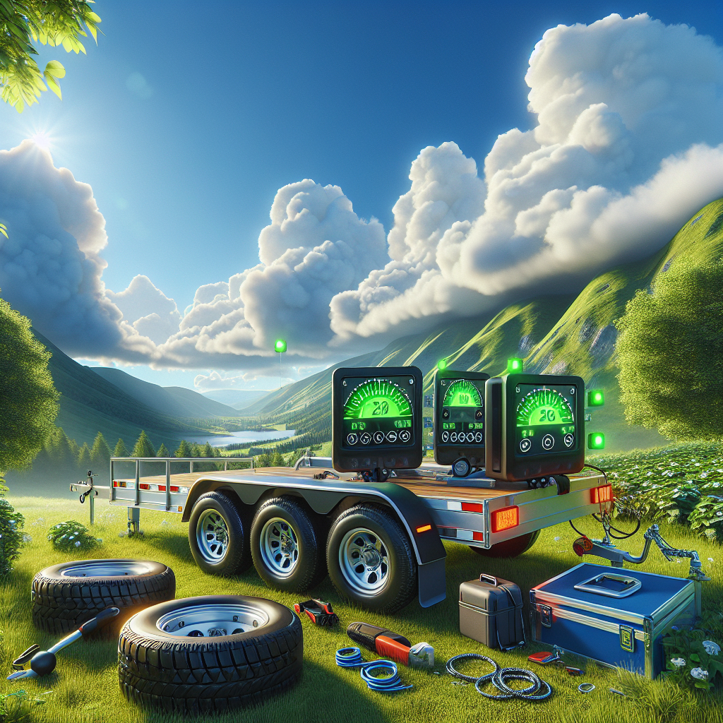 A trailer in a green landscape showcasing a tire monitoring system.