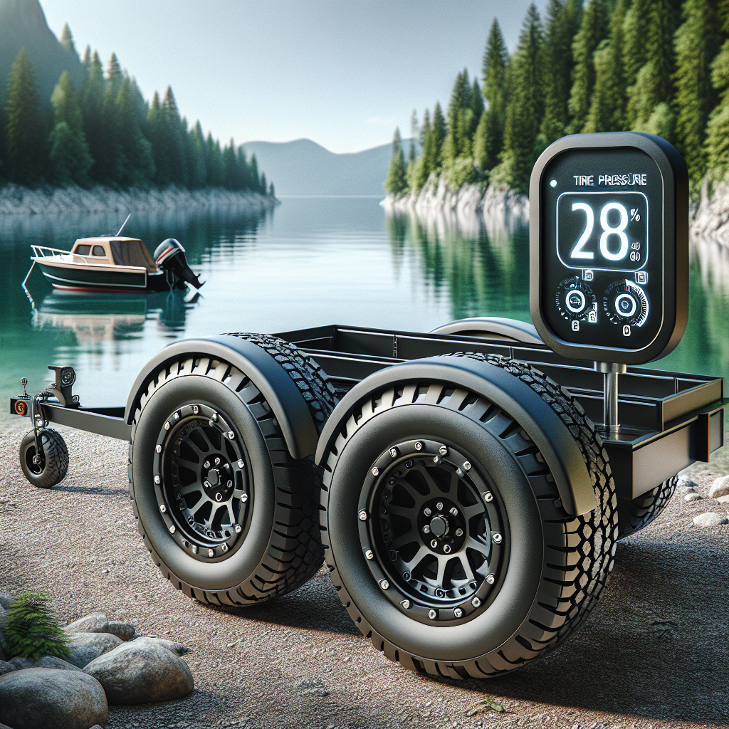 A boat trailer with high-tech tire pressure monitoring system near a lake.