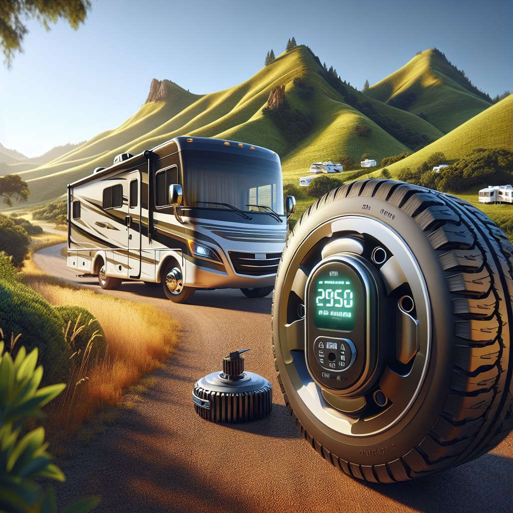 An RV parked on a scenic road with a close-up of a TPMS sensor on a tire.