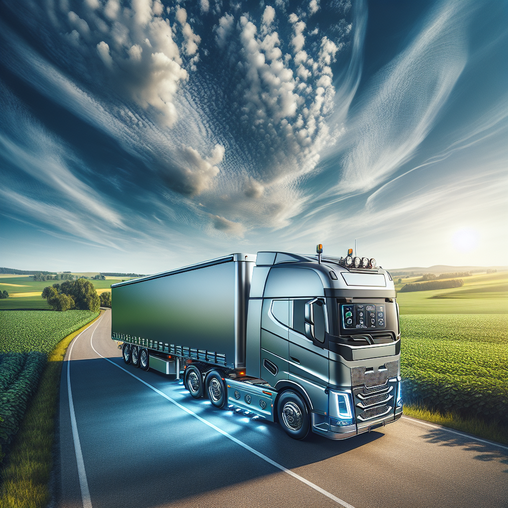 A trailer with a tire pressure monitoring system parked on a road surrounded by green fields.