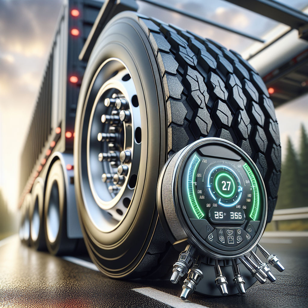 A close-up of a trailer tire with a digital TPMS interface, set against a blurred landscape.