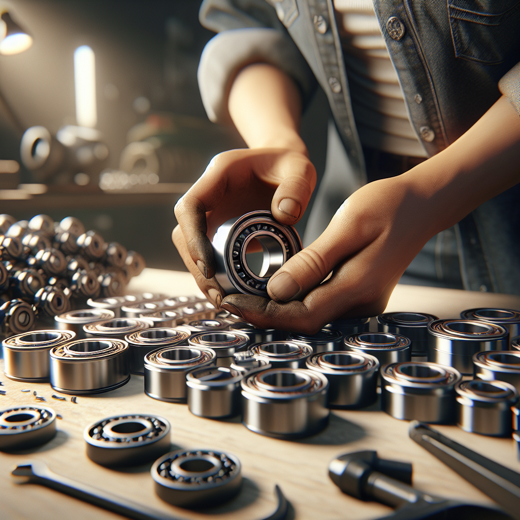 A mechanic inspecting trailer wheel bearings on a workbench.