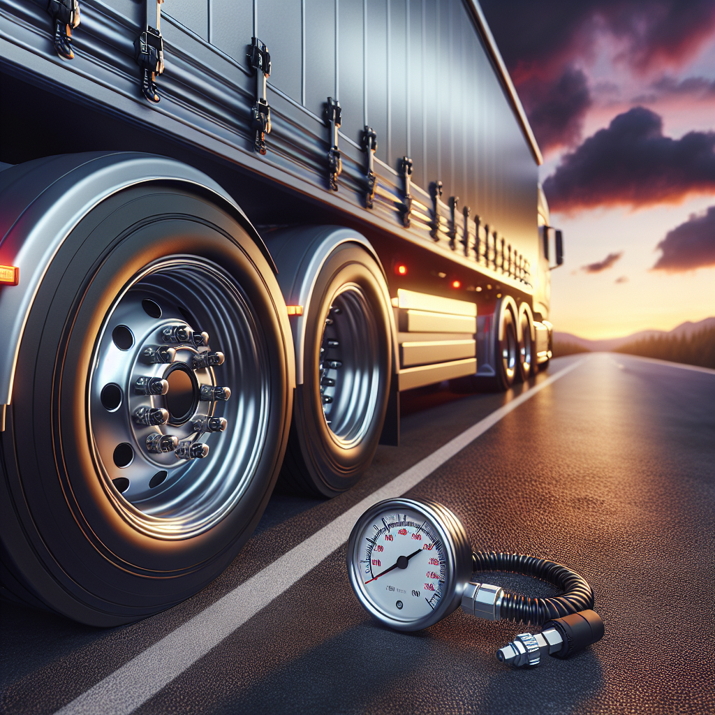A modern trailer with an advanced tire pressure monitoring system parked on an asphalt road at sunset.