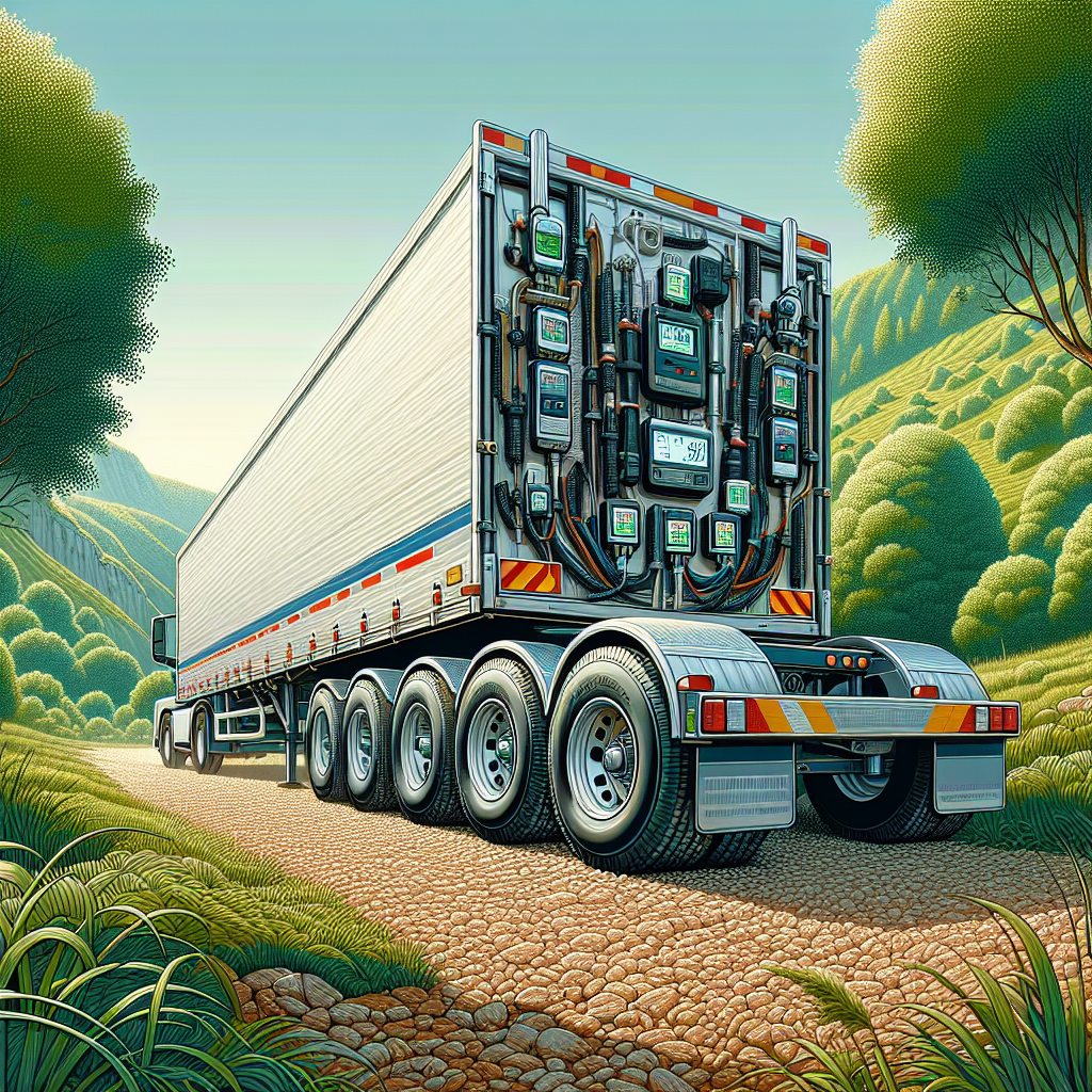 A trailer with visible tire pressure monitoring sensors on its tires in an outdoor setting.