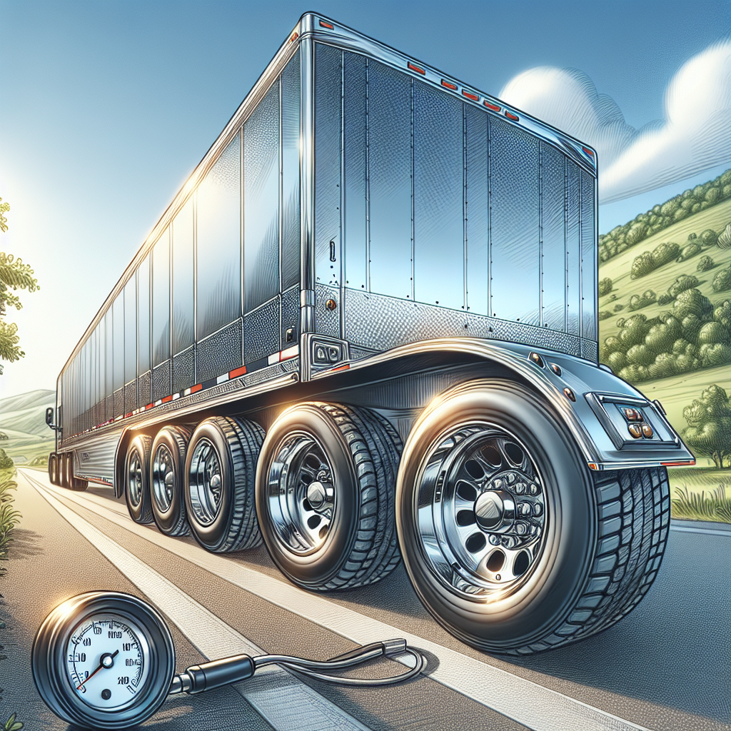 A trailer with a Tire Pressure Monitoring System parked on a road, surrounded by green hills.