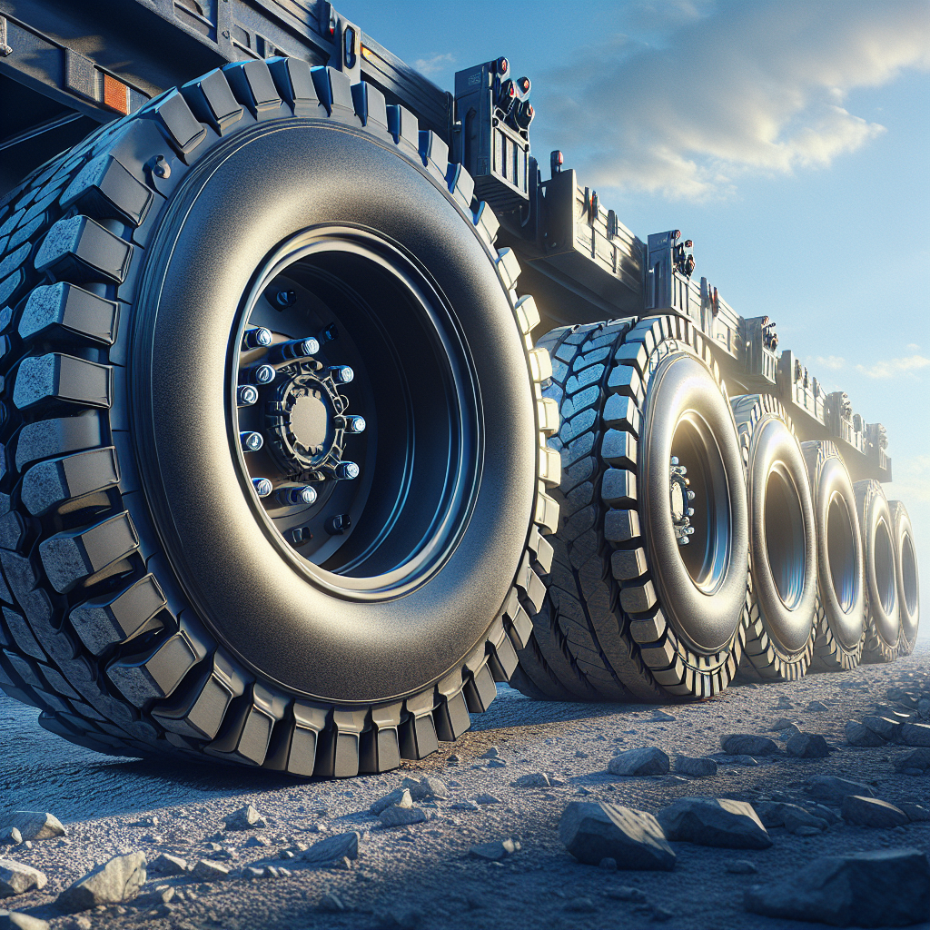 A close-up view of four trailer tires with tire pressure monitoring sensors on a gravel road.
