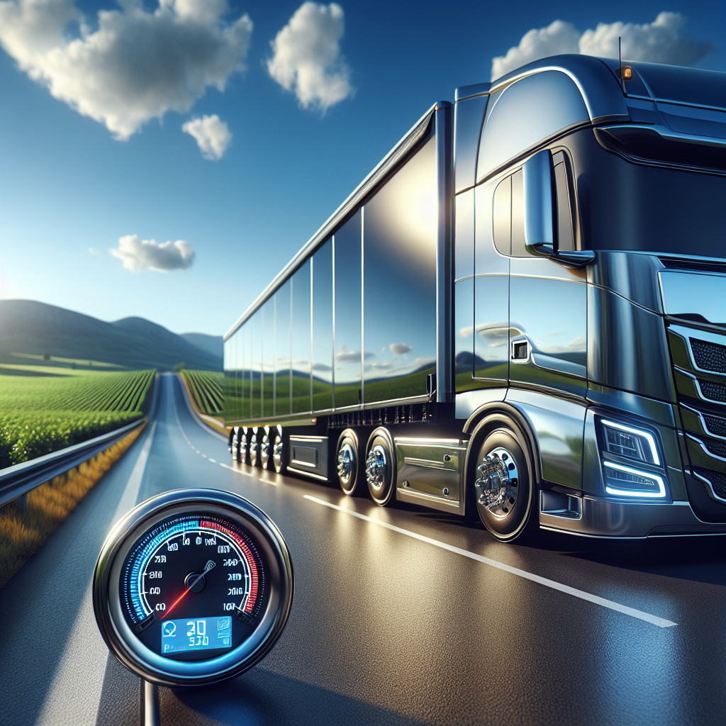 A modern trailer with a visible digital tire pressure display parked on a highway.