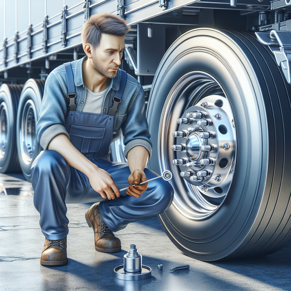 A mechanic inspecting the wheel bearings of a trailer.
