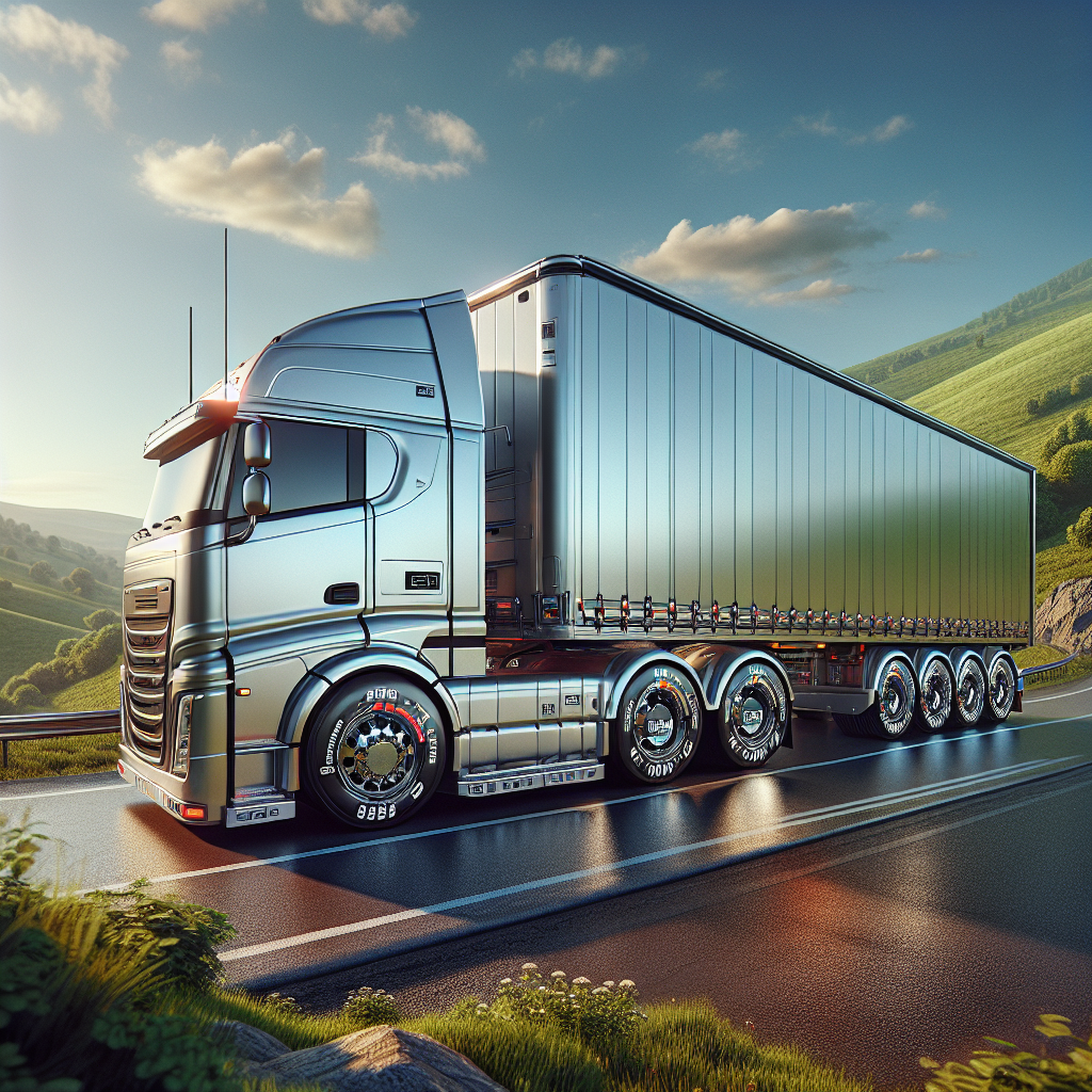 A trailer with visible TPMS, set in a picturesque landscape with green hills and a blue sky.