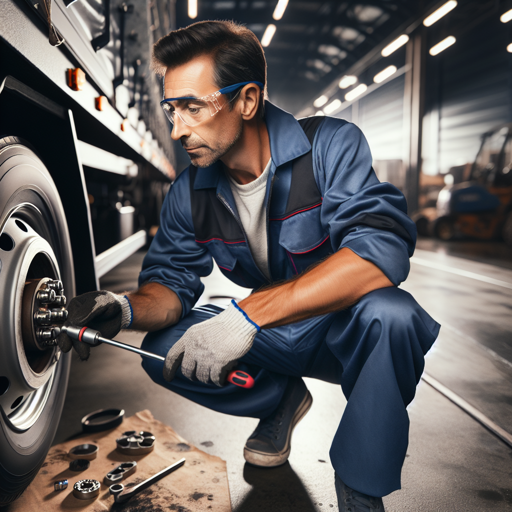 A mechanic inspecting a trailer wheel bearing in a garage.