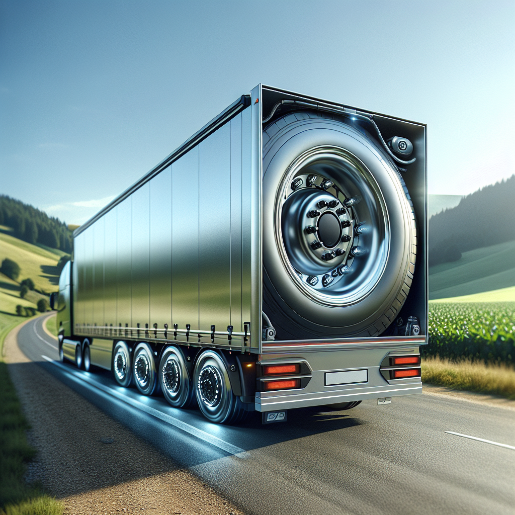 A modern trailer on an asphalt road with visible tire sensors, set against a scenic landscape.