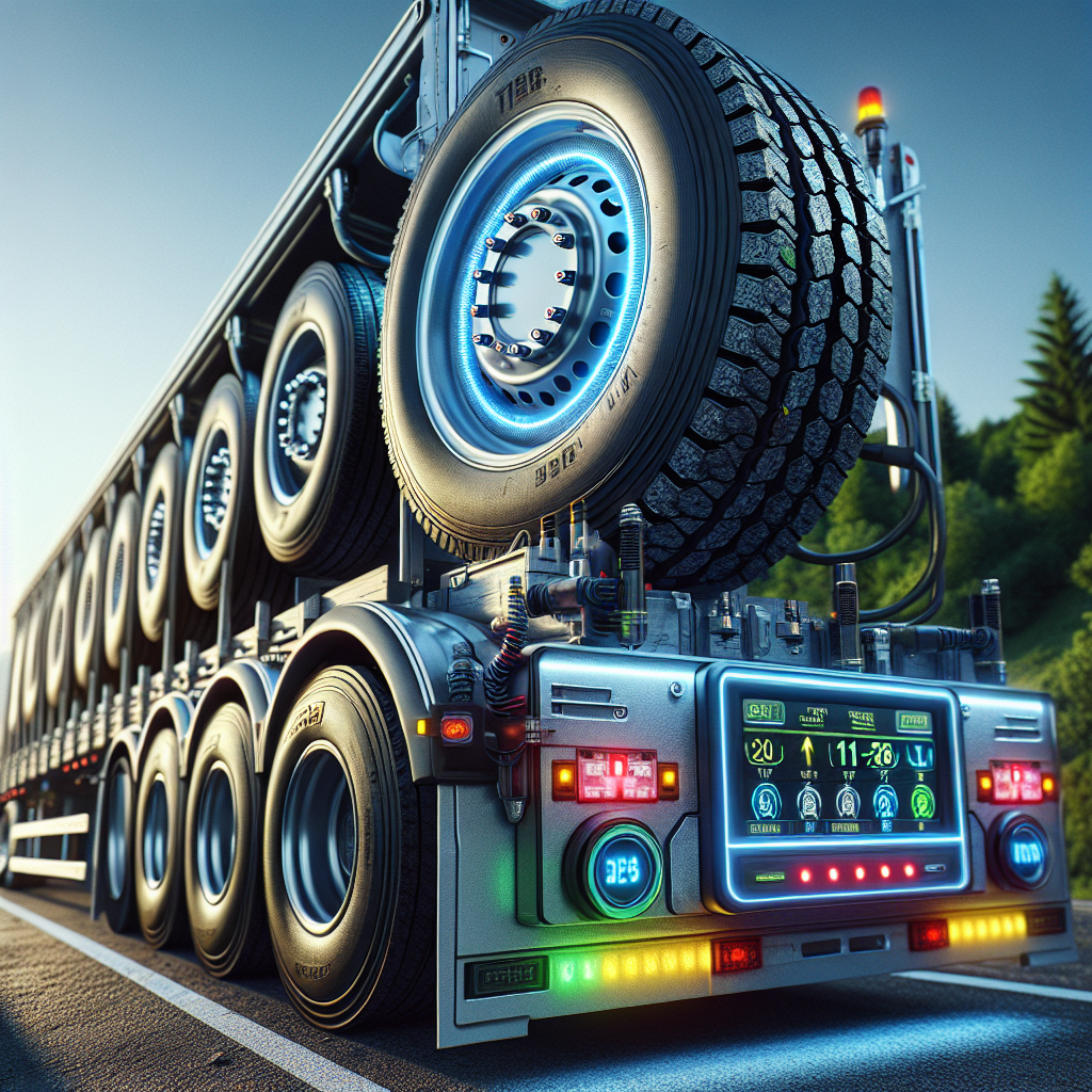 A trailer equipped with a tire pressure monitoring system, showcasing pressure sensors in tires and a digital display inside.