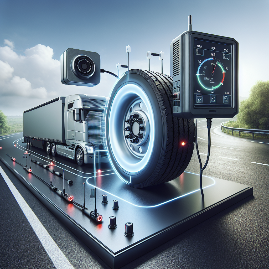 A Tire Pressure Monitoring System (TPMS) with display screen, pressure sensors, and receiver unit in a trailer setting.