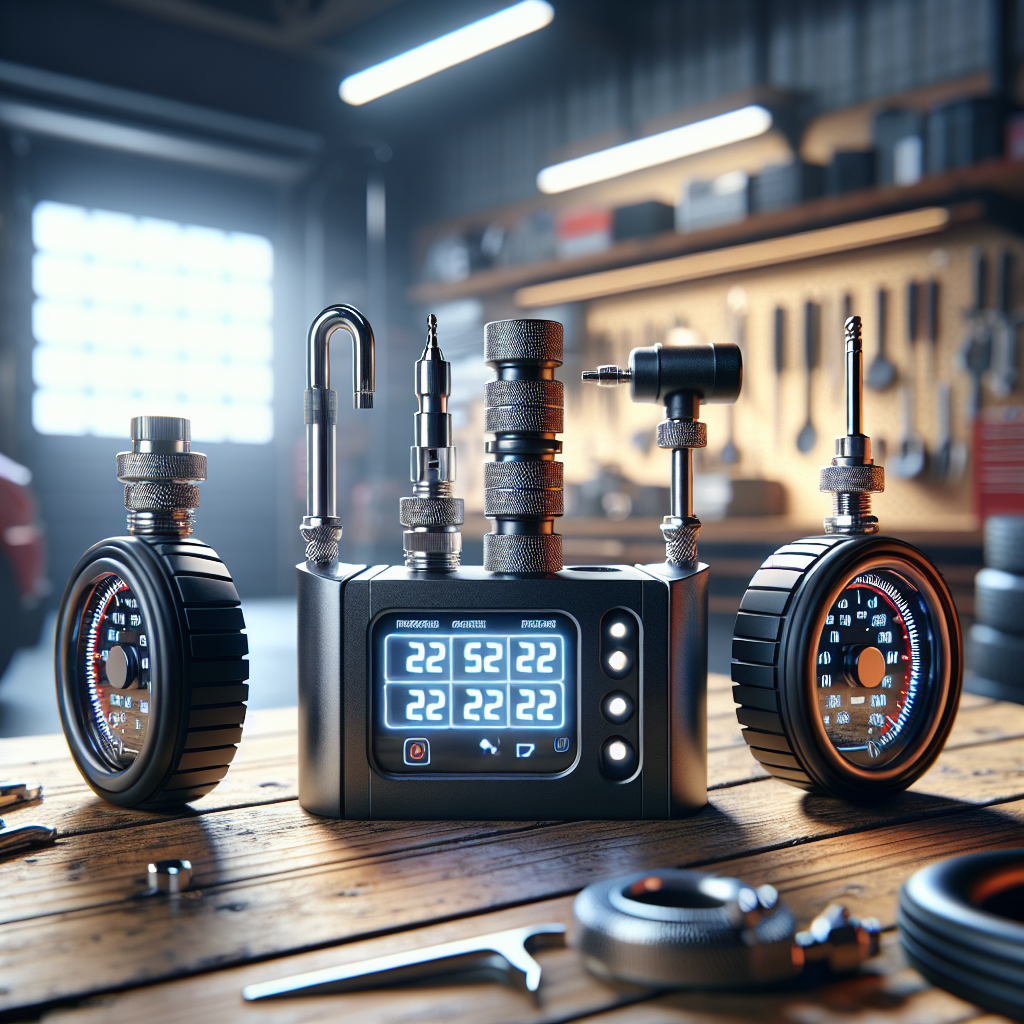 Components of a tire pressure monitoring system on a workbench.