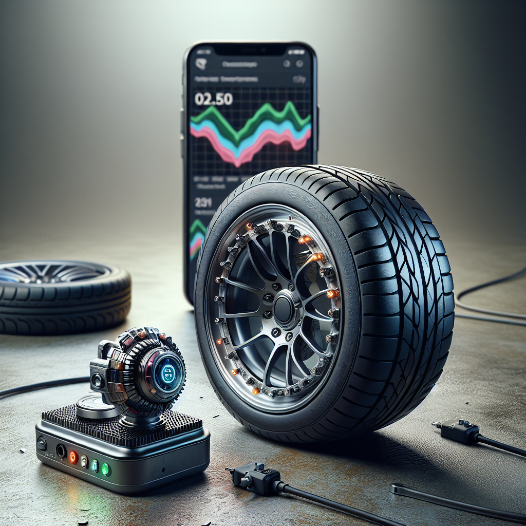 A close-up view of a Tire Pressure Monitoring System setup, featuring a tire with a pressure sensor and a smartphone app.