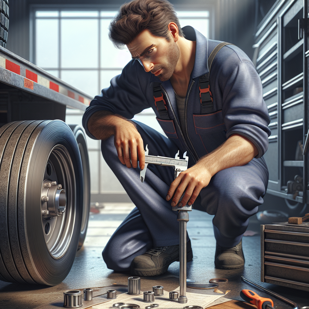 A mechanic measuring trailer wheel bearings in a garage.
