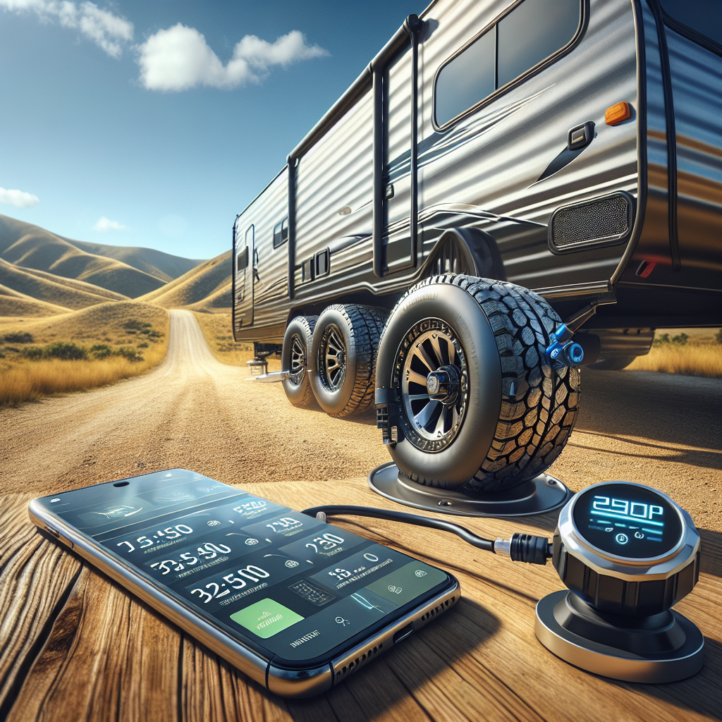 A travel trailer with tire pressure monitoring sensors against a scenic background.