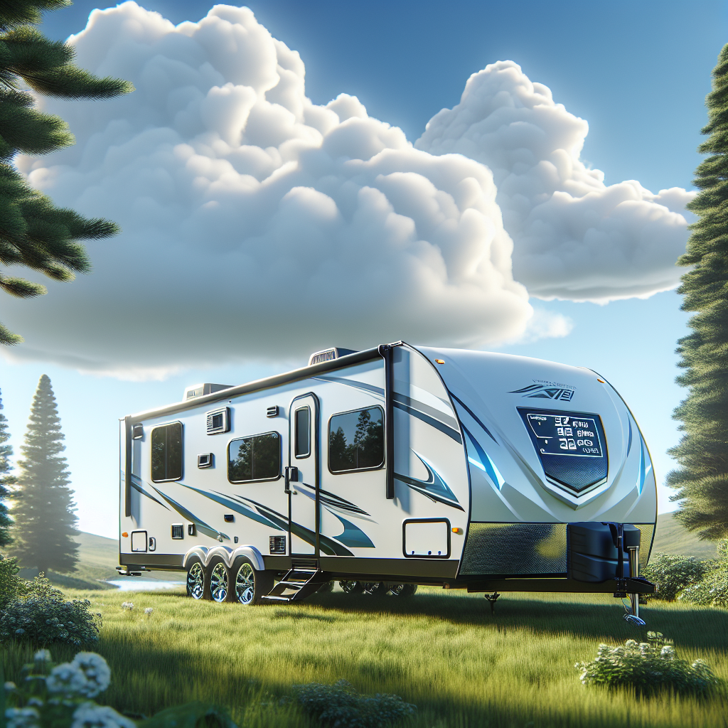 A travel trailer parked in a scenic landscape with an emphasis on tire pressure monitoring.