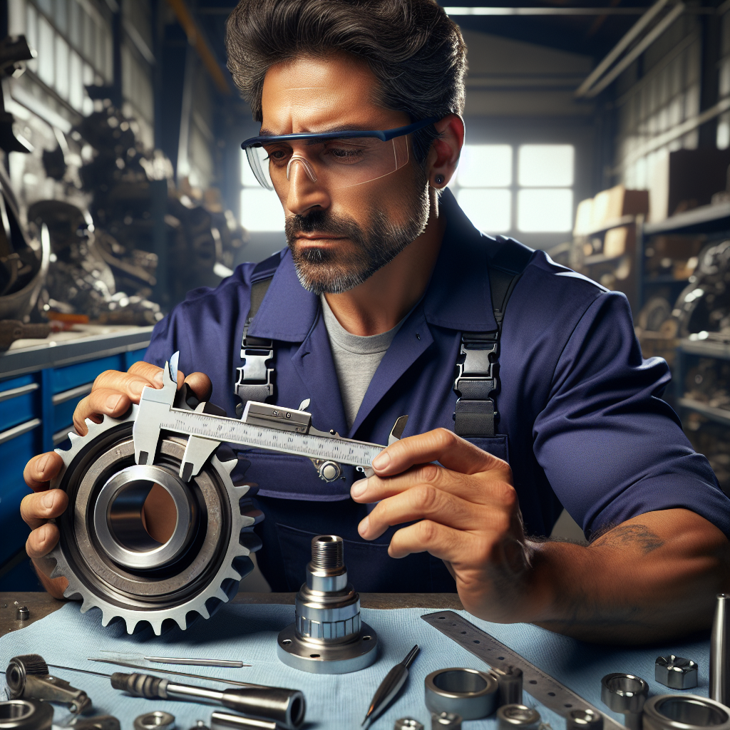 A mechanic measuring a trailer wheel bearing in a garage.