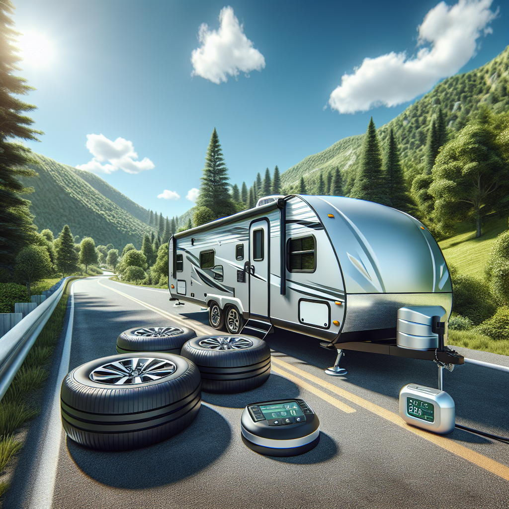 A travel trailer with a focus on its tires parked on a scenic road.