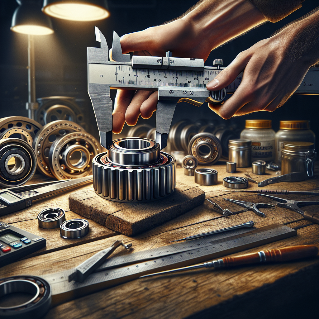 A workshop scene featuring a person measuring a trailer wheel bearing with a caliper.