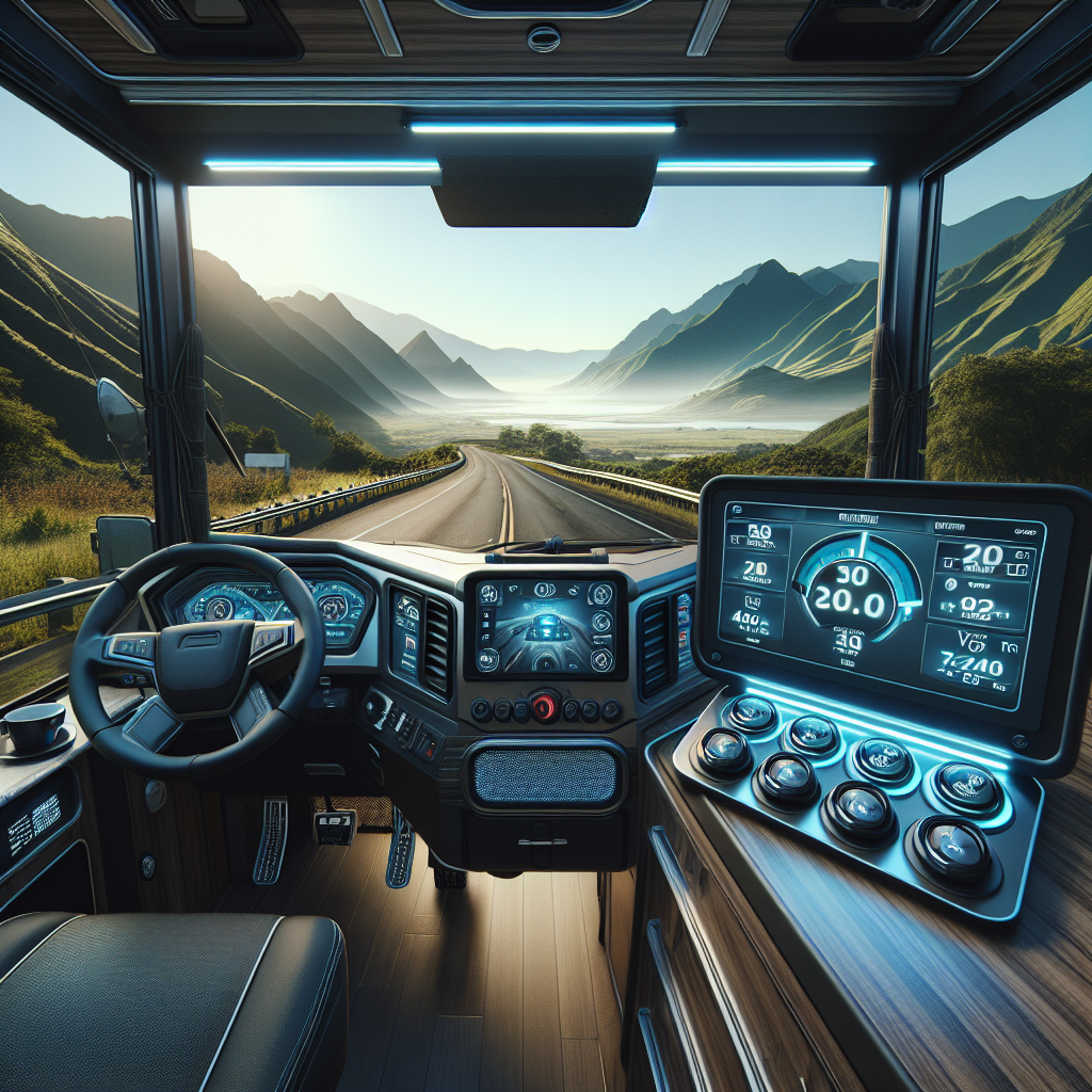A travel trailer with a visible tire pressure monitoring system inside, parked on a scenic road.